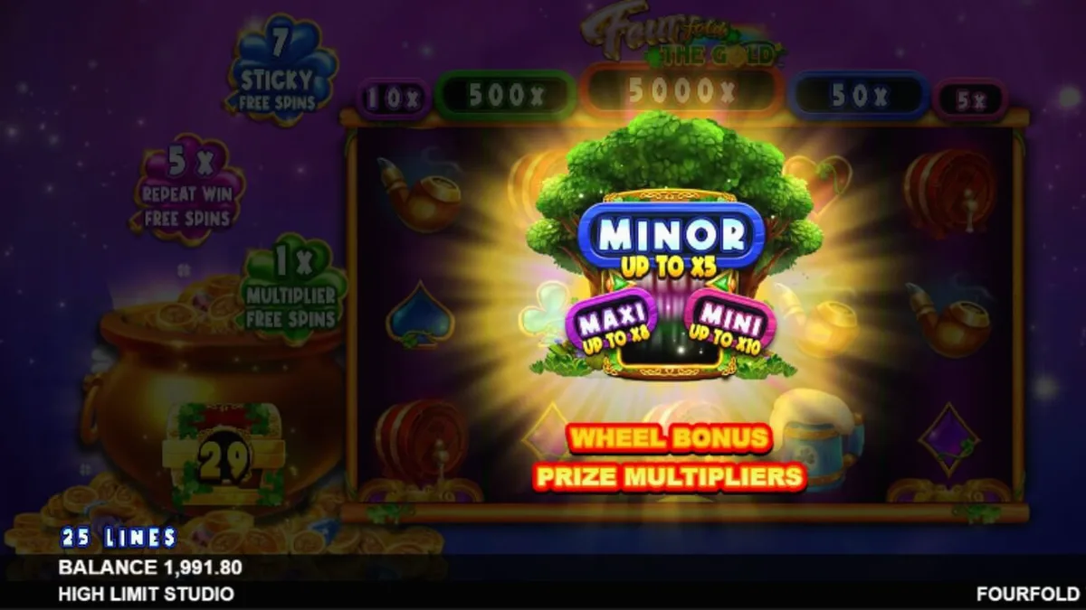 Tampilan visual slot Fourfold the Gold dengan tema leprechaun di luar angkasa